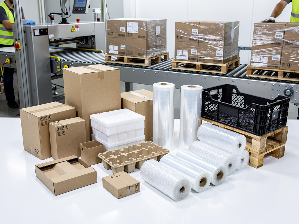 Materiales de embalaje industrial con cajas de cartón, film plástico, plástico de burbujas y palets en línea de producción