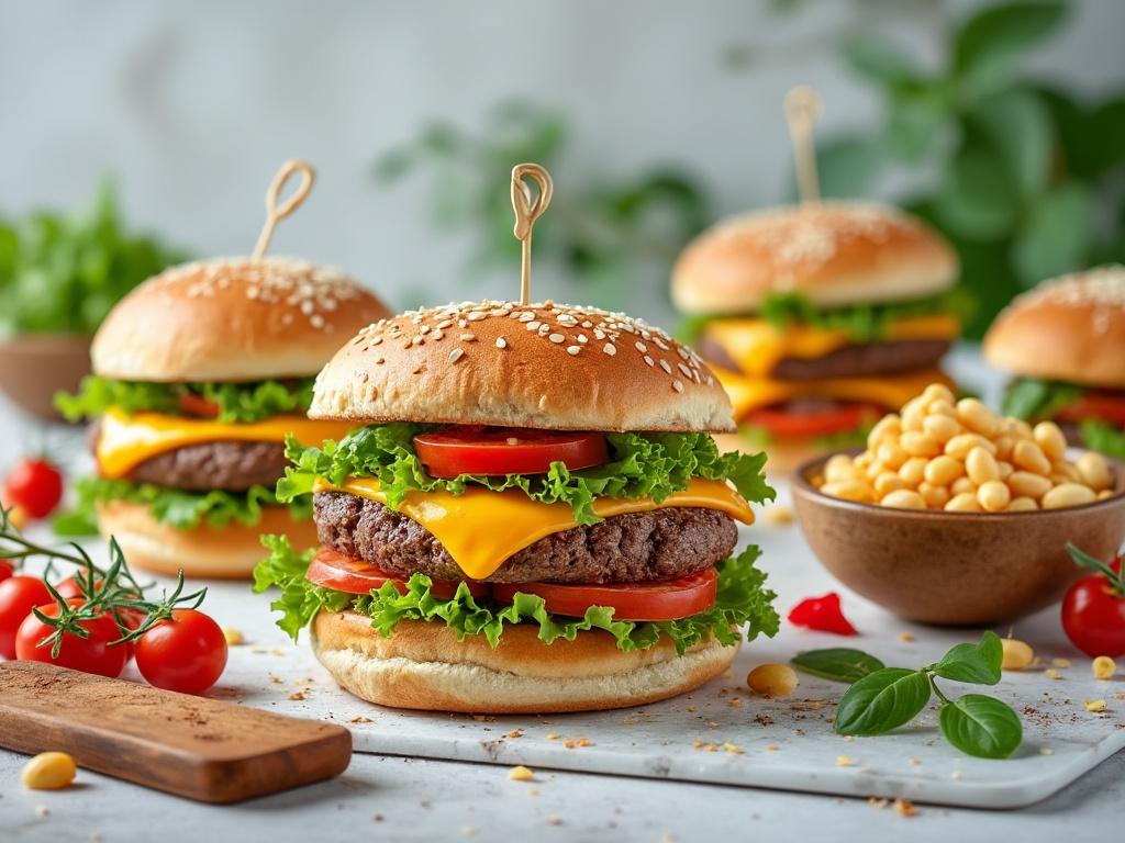Hamburguesa con queso, lechuga y tomate en un plato, rodeada de tazones con maíz y tomate fresco
