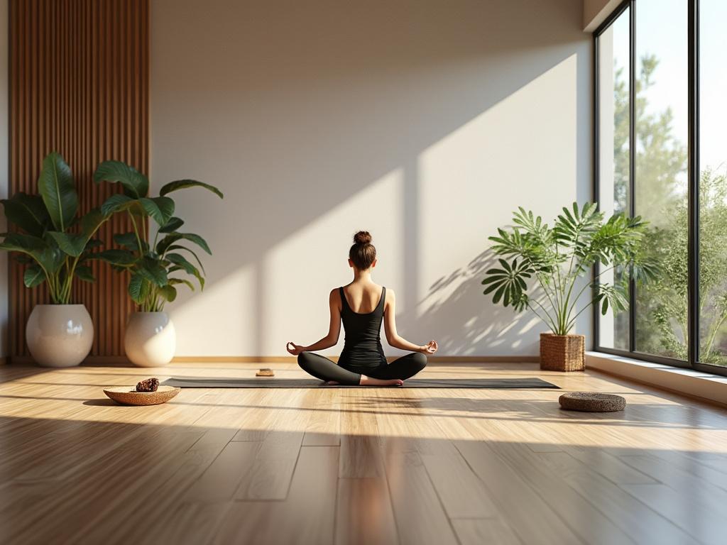 Mujer haciendo yoga en meditación, con plantas verdes grandes en macetas y luz natural entrante por ventanas grandes.
