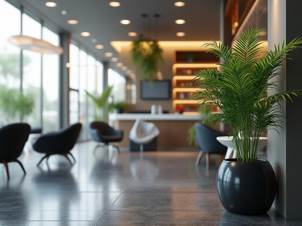 Moderno interior de oficina con plantas en macetas y sillones negros en un espacio luminoso.