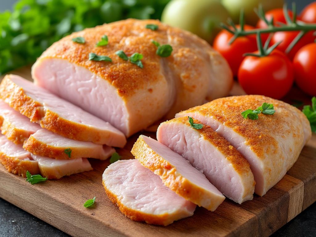 Pechuga de pollo asada en rodajas sobre tabla de cortar, rodeada de tomates y hojas verdes.