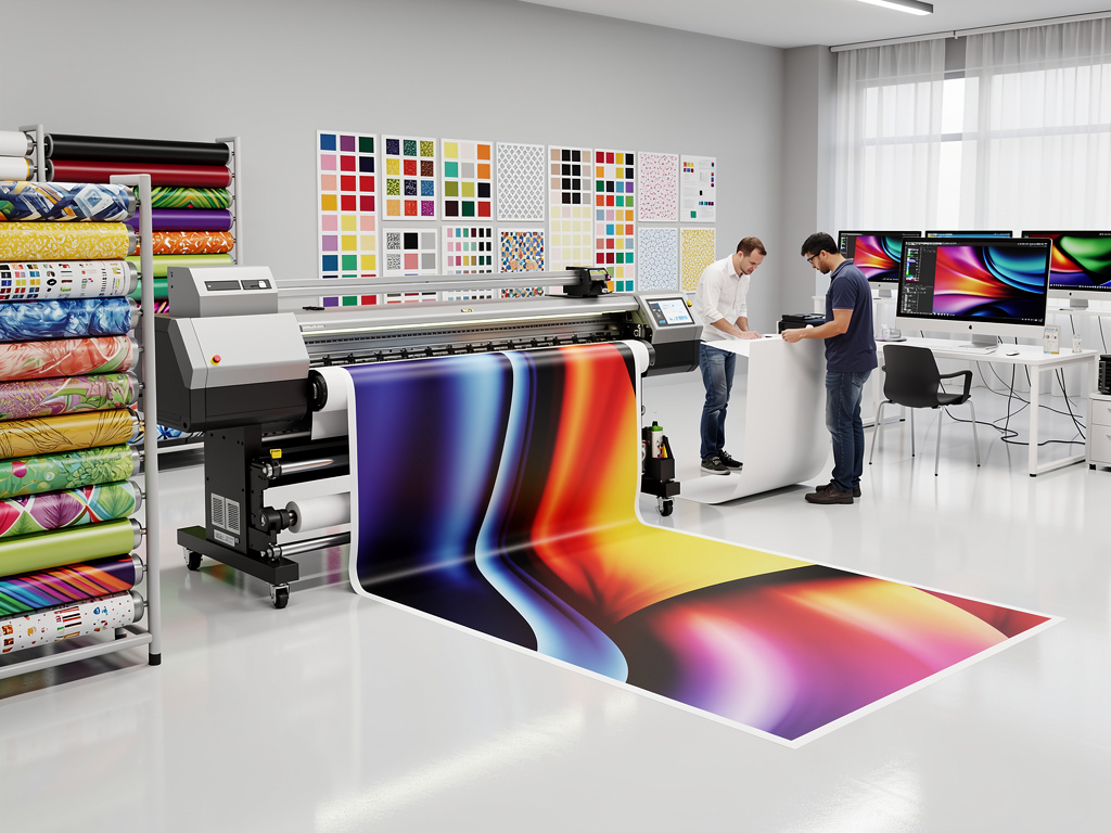 Impresora digital de gran formato imprimiendo vinilo colorido en taller de diseño gráfico con muestras de colores