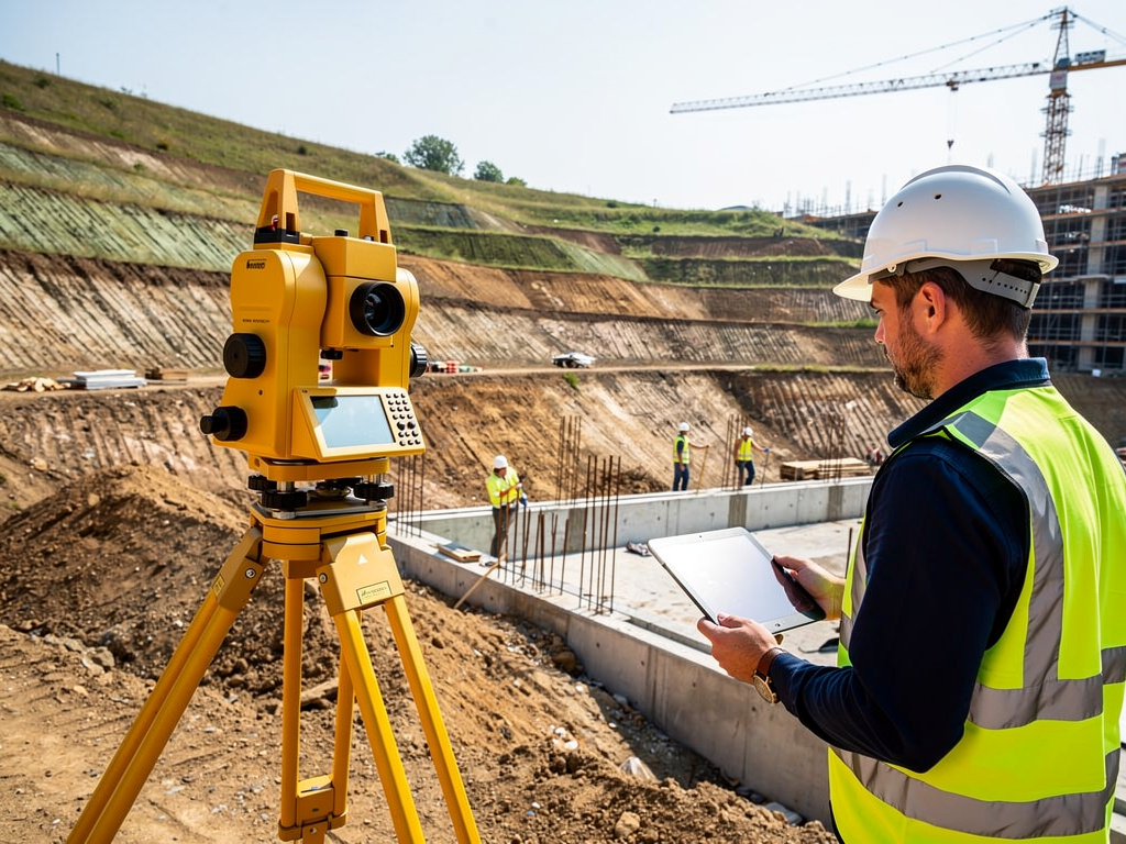 Topógrafo con teodolito en obra de construcción realizando mediciones junto a excavación y grúa