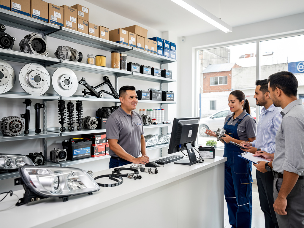 Mostrador de tienda de repuestos automotrices con personal atendiendo a clientes y estanterías con piezas de coche Mostrador de tienda de repuestos automotrices con personal atendiendo a clientes y estanterías con piezas de coche