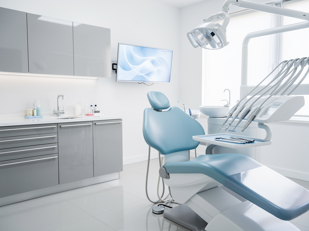 Clínica dental moderna con sillón odontológico azul, lámpara quirúrgica y equipo de instrumentos en sala luminosa