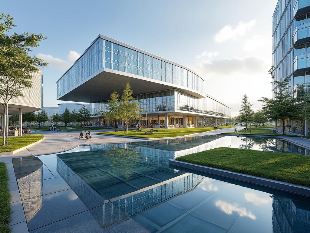 Edificio moderno de cristal con diseño arquitectónico único, rodeado de árboles y reflejado en una fuente en el día.