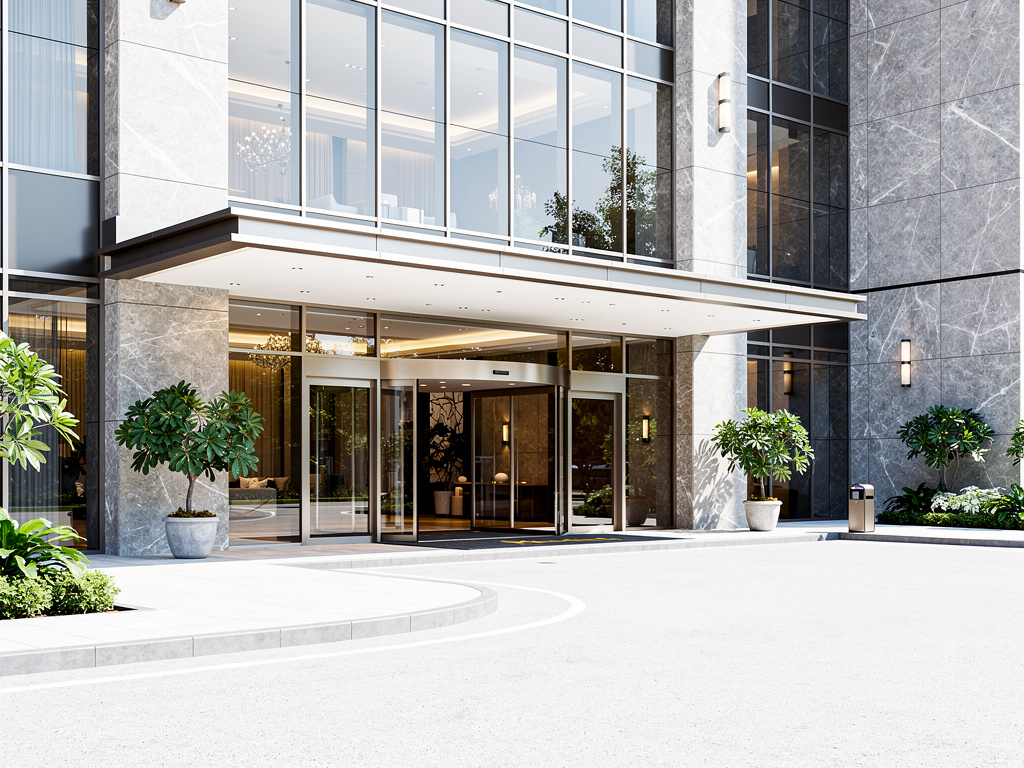Entrada moderna de hotel de lujo con fachada de vidrio, mármol gris, puertas automáticas y plantas decorativas