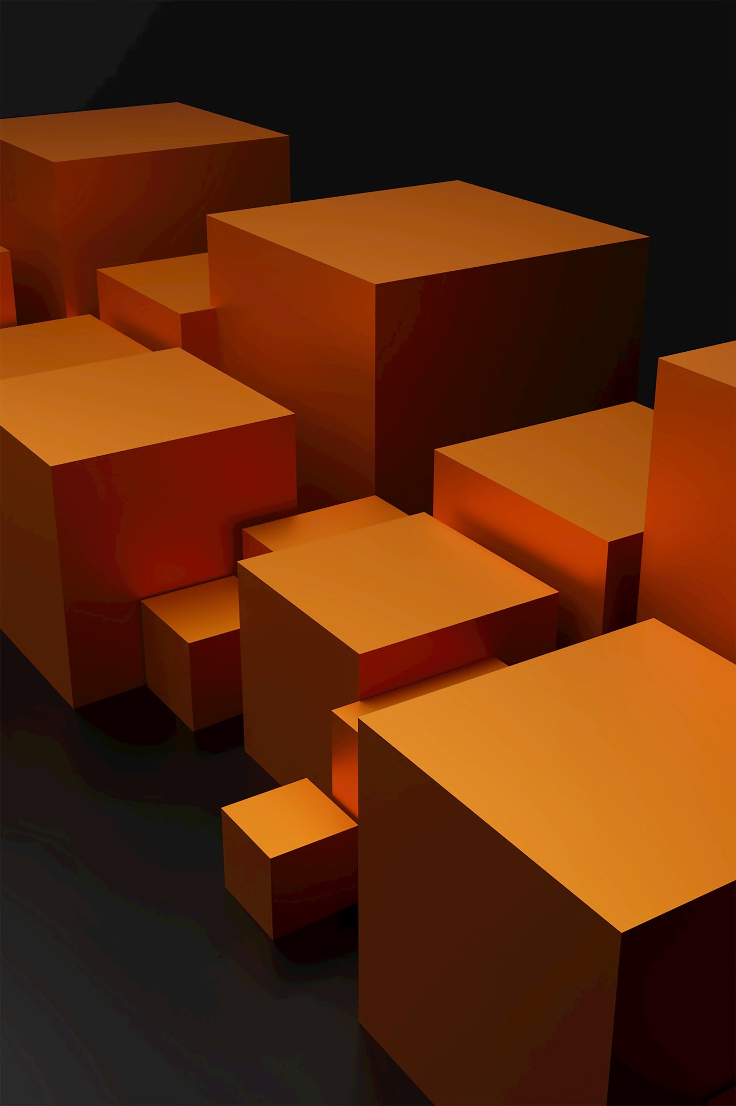 Cubos anaranjados en varias dimensiones sobre fondo negro, formando una composición geométrica abstracta.