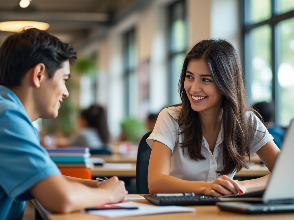 Dos personas conversando y sonriendo en una oficina moderna, con laptops y documentos sobre la mesa.