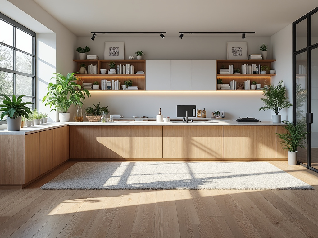 Cocina moderna con encimeras de madera clara, plantas en macetas y estantes abiertos, iluminada por luz natural.