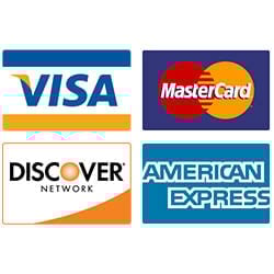 Logos of major credit card companies: Visa, MasterCard, Discover, and American Express.