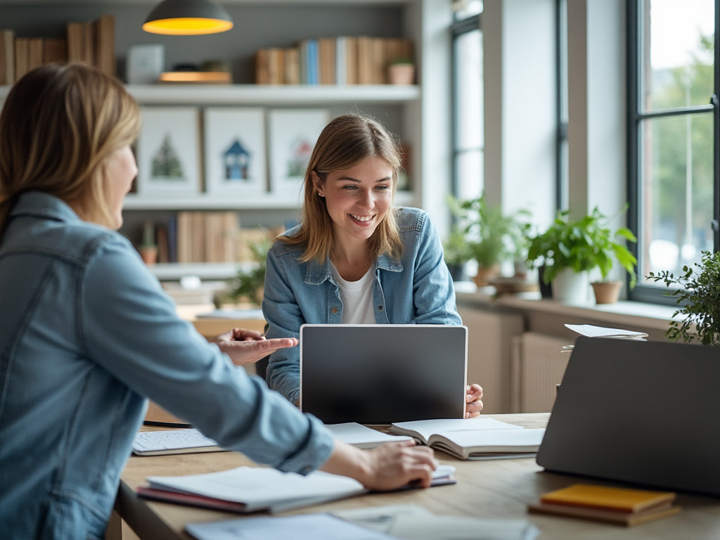 Two women smiling and working together on a laptop in a bright office with plants.