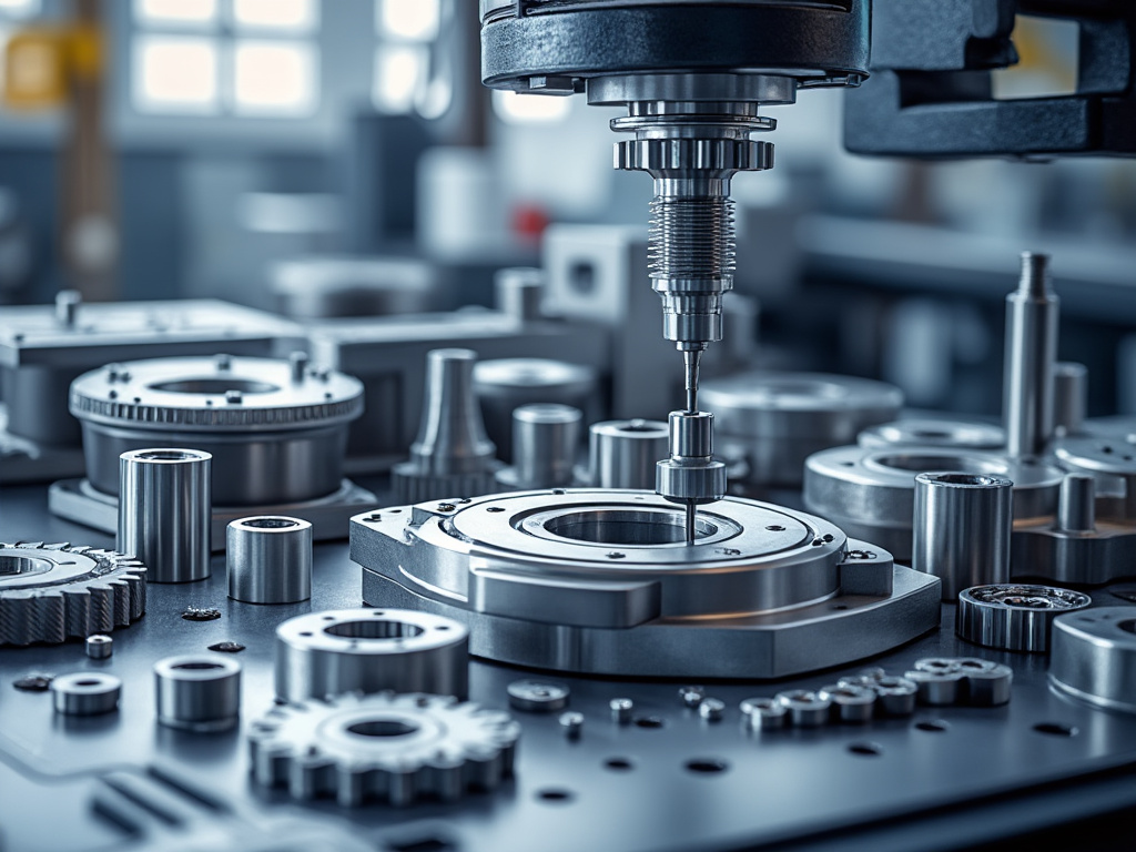 Máquina CNC operando en una fábrica, componentes metálicos detallados y engranajes visibles.