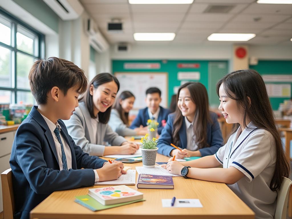 Estudiantes en uniforme escolar colaboran en un aula luminosa, rodeados de libros y un pequeño macetero en la mesa.