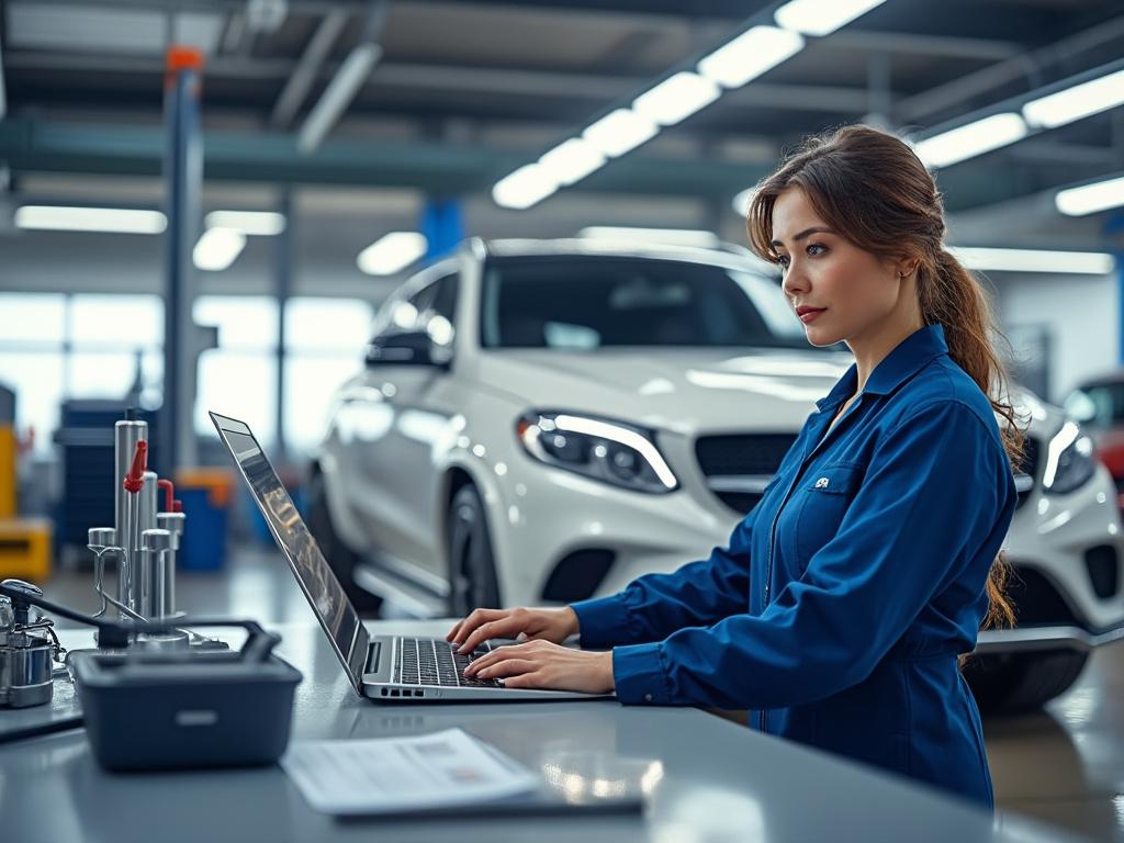 Mujer joven en taller mecánico trabajando en laptop con vehículo moderno al fondo.