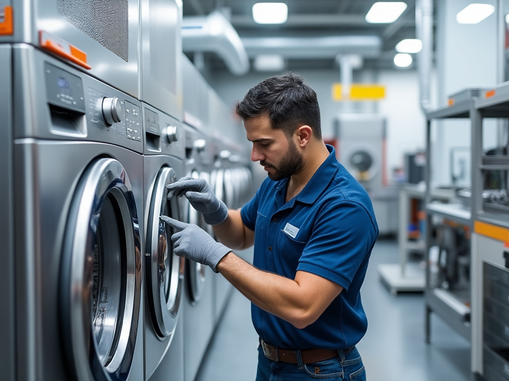 Hombre con guantes revisando una lavadora industrial en una lavandería moderna.
