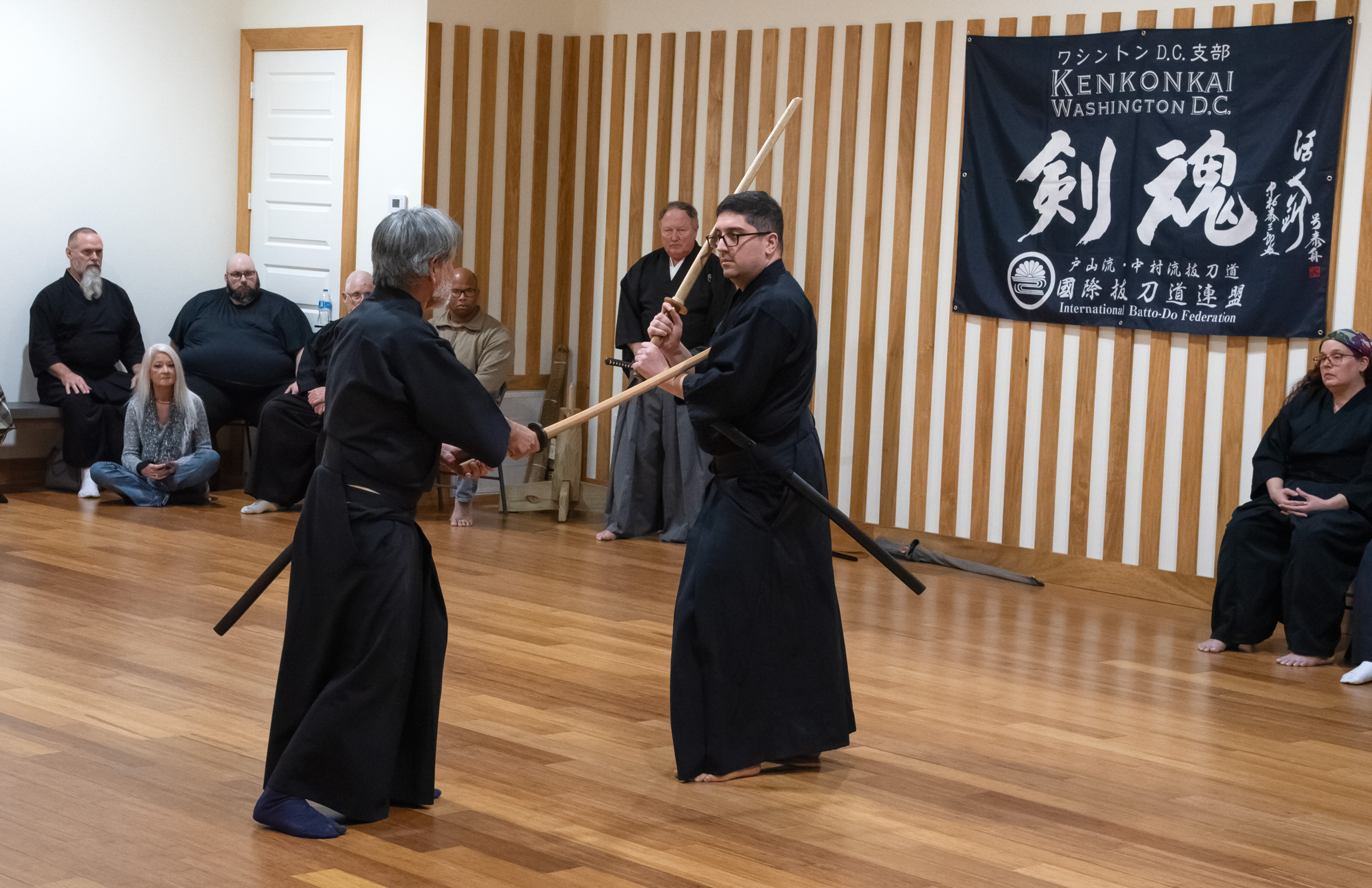 Yoshitaka Satoh and Keyan Jafari perform Mugairyu Iai Hyodo Iai-no-Kata (paired forms).