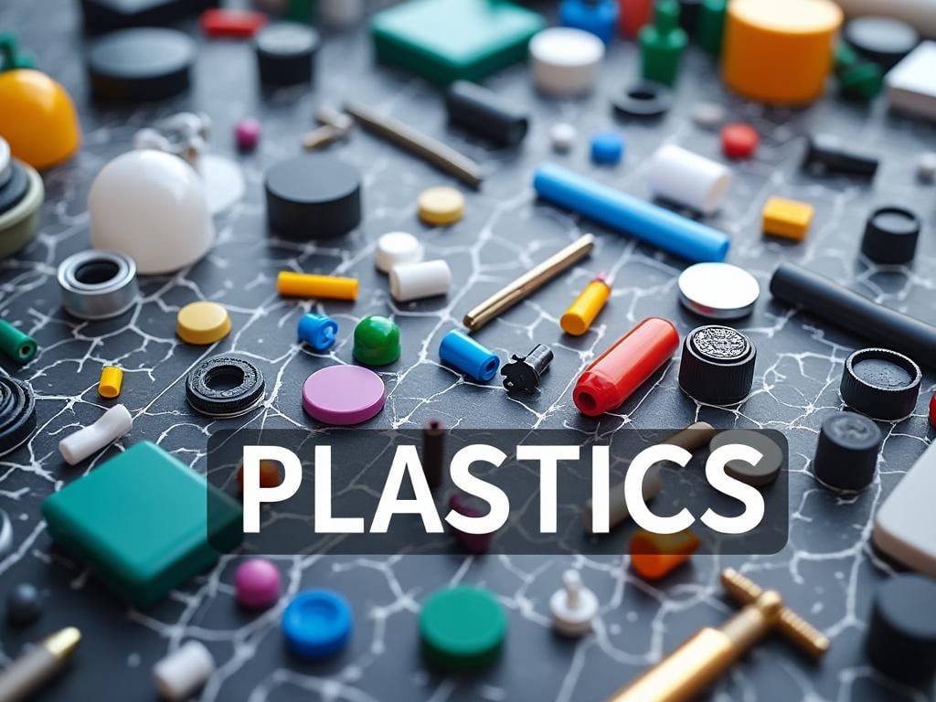 Piezas de plástico variadas sobre fondo negro con patrón agrietado, texto 'PLASTICS' en el centro.