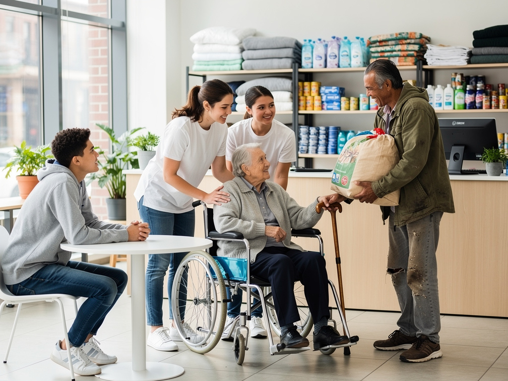Volunteers assisting elderly woman in wheelchair at community donation center with man receiving supplies