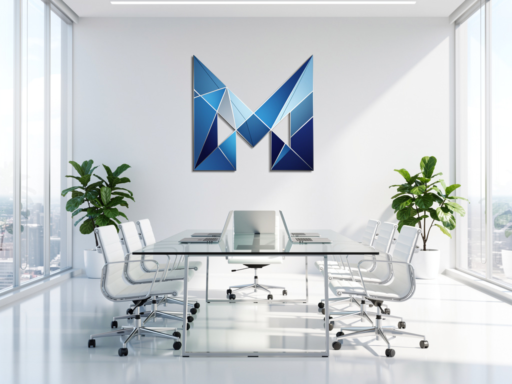 Sala de reuniones moderna con mesa de cristal, sillas blancas, plantas y logotipo geométrico azul en la pared