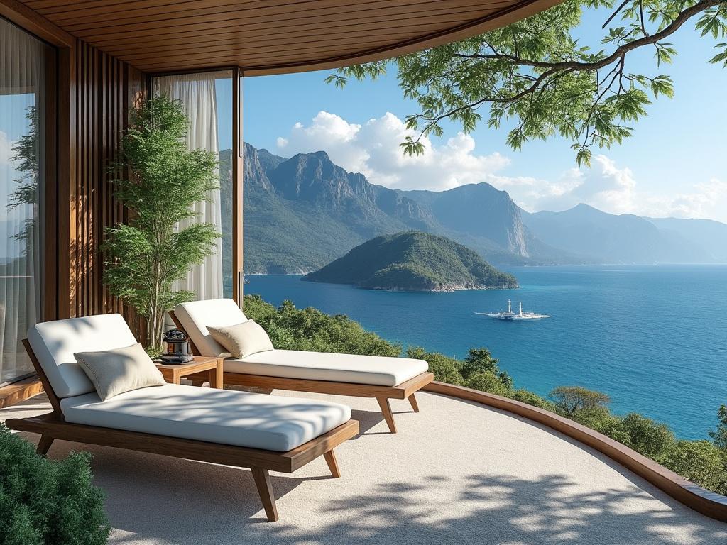 Terraza moderna con tumbonas, vista al mar y montañas en el horizonte
