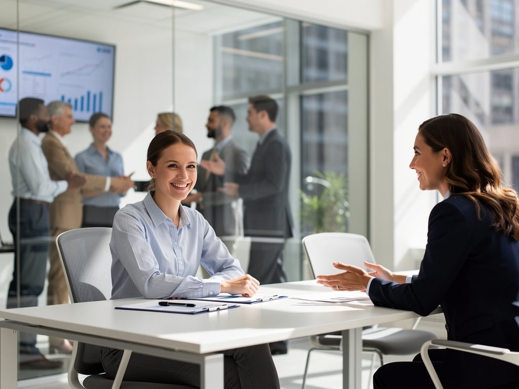 Professional women in a business meeting with colleagues and presentation charts in a modern office
