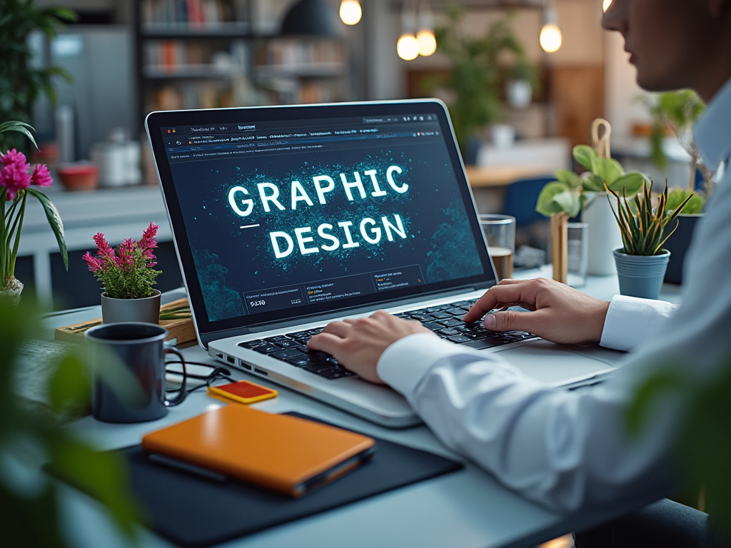Diseñadora gráfica trabajando en un portátil con texto Graphic Design en una oficina creativa con plantas