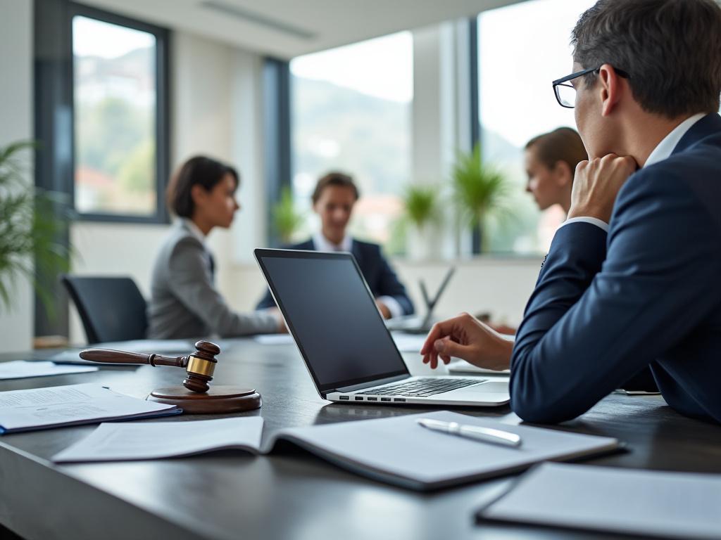 Reunión de negocios en oficina moderna con laptop, documentos y mazo sobre la mesa.