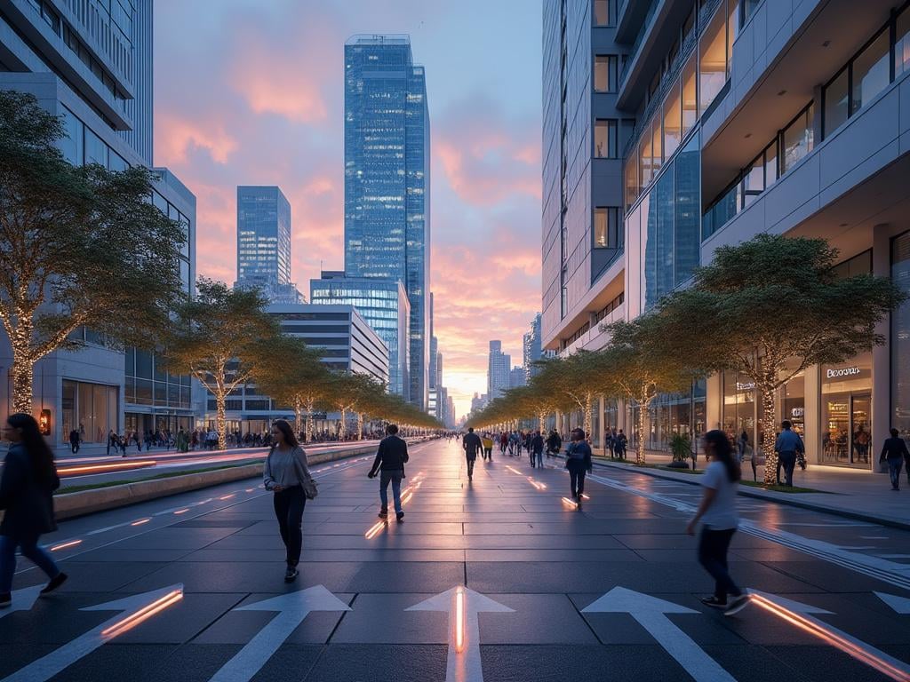 City street with pedestrians and lit trees at sunset, surrounded by modern skyscrapers. City street with pedestrians and lit trees at sunset, surrounded by modern skyscrapers.