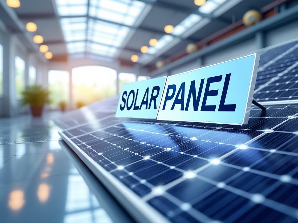 Panel solar en un espacio interior iluminado, con techo de vidrio y luz solar reflejada.