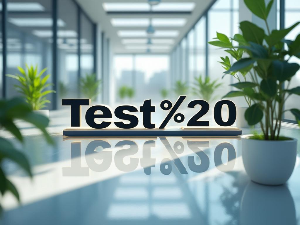 Modern office space with green plants and 'Test ' text reflection on a glossy table.
