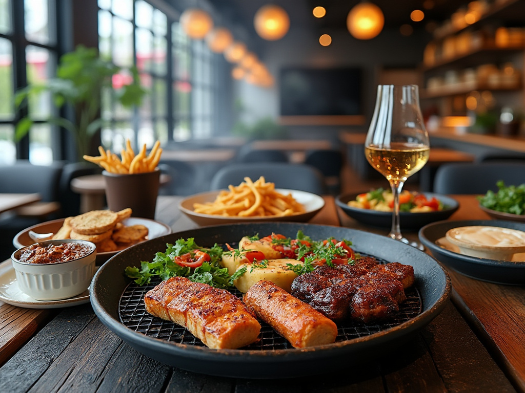 Plato de carne asada y salchichas con papas fritas en restaurante elegante, acompañado de copa de vino blanco.