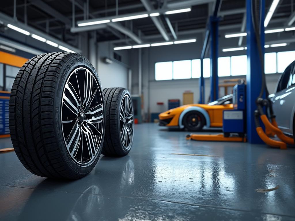 Neumáticos en primer plano en taller mecánico con coche deportivo naranja en elevador de fondo Neumáticos en primer plano en taller mecánico con coche deportivo naranja en elevador de fondo