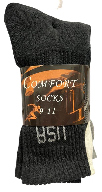 C112 
3PK COMFORT SOCKS CREW USA COMBO 9-11
UPC 812462031023
C212
3PK COMFORT SOCKS CREW  USA COMBO 10-13
UPC 812462030965
80 CS PACK