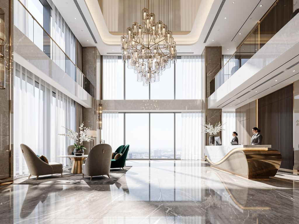 Lobby de hotel de lujo con gran lámpara colgante, ventanales panorámicos, recepción moderna y zona de descanso elegante