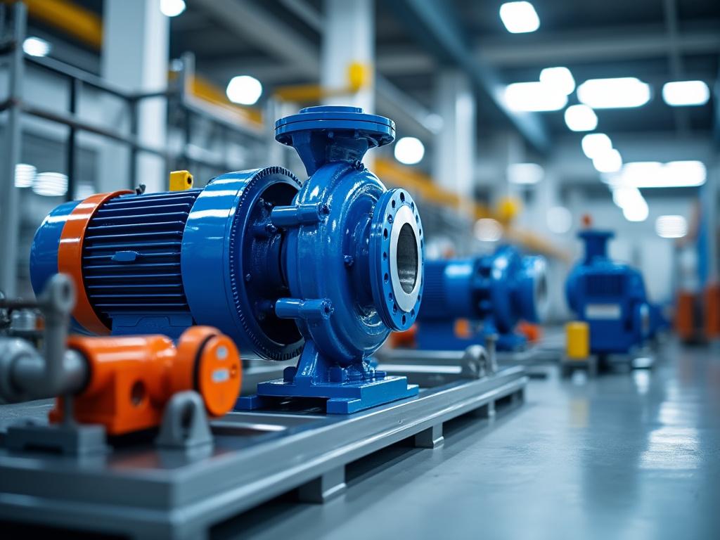 Industrial blue centrifugal pump in a modern factory setting.