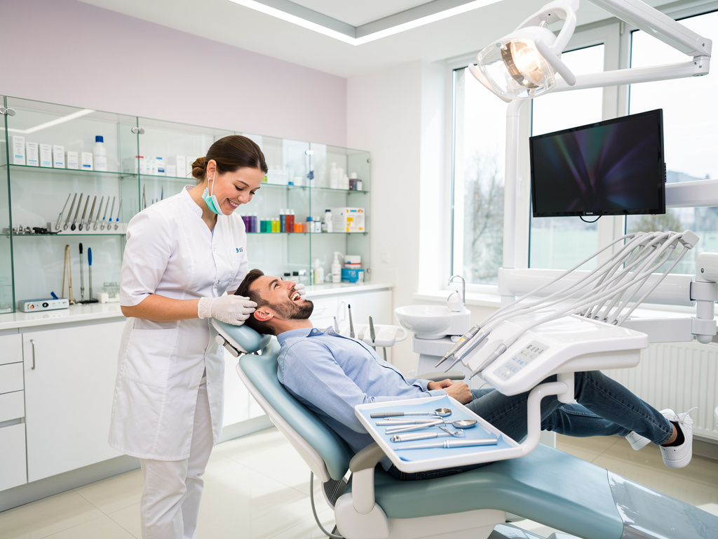 Dentista atendiendo a paciente sonriente en clínica dental moderna con equipo odontológico