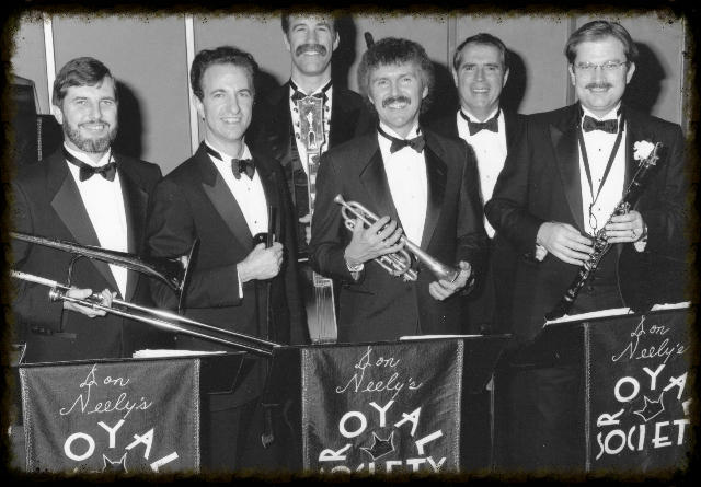 Don Neely's Royal Society Six. They played in the Fairmont Hotel five nights a week in the New Orleans Room. Left to right: John Hunt, Bing Nathan, Tony Marcus, Bob Schulz, Jim Maihack, Don Neely.