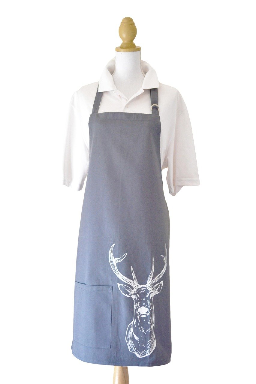 Blue apron printed with a white deer head