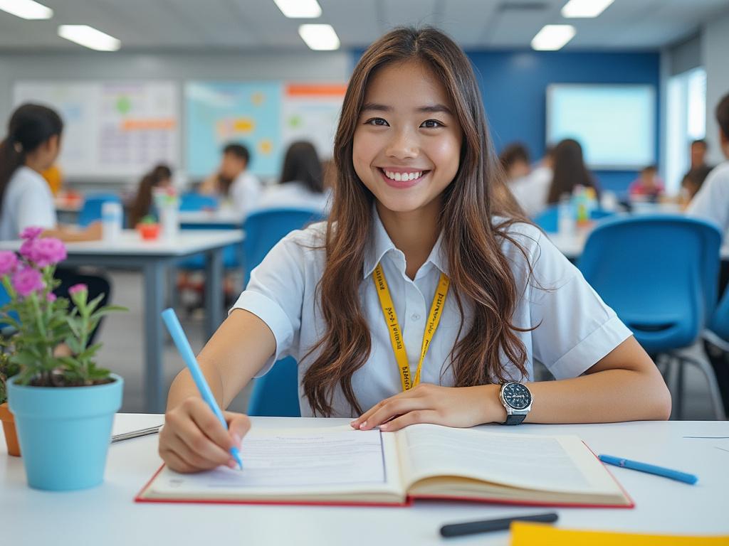 Estudiante sonriente en aula moderna escribiendo en cuaderno, rodeada de otros estudiantes.
