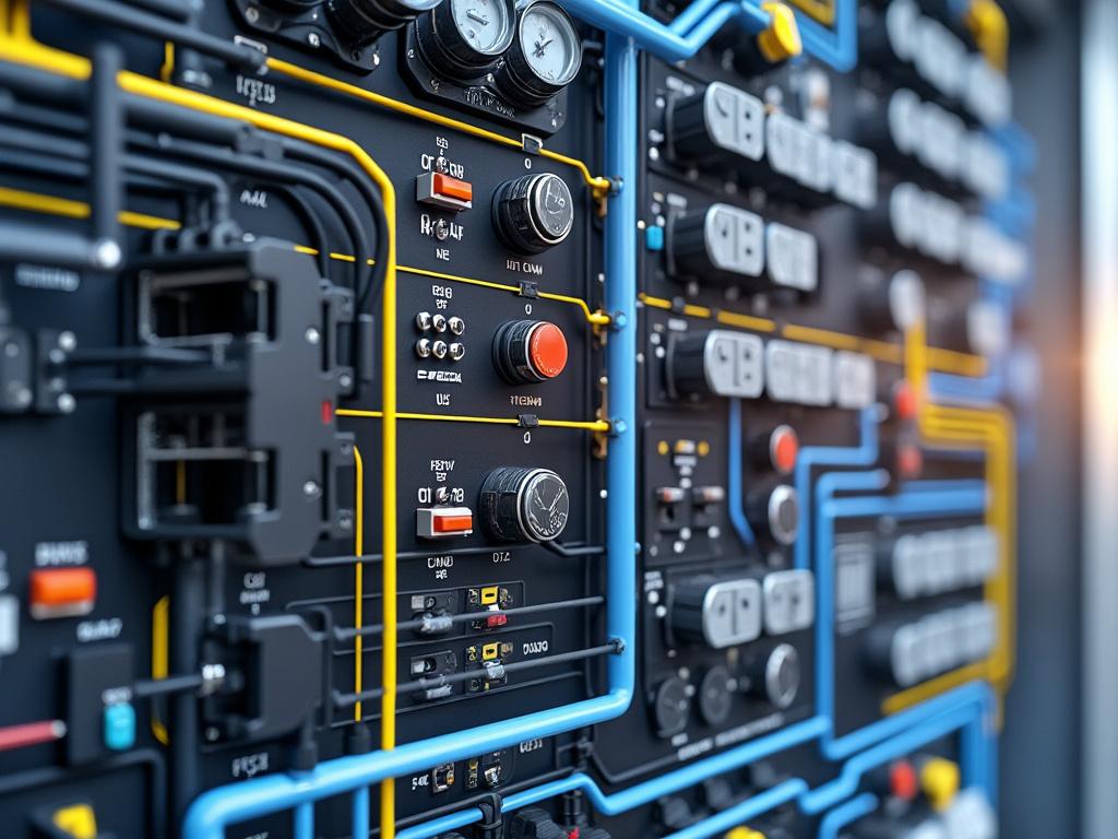 Panel de control industrial con cables de colores, perillas y medidores.
