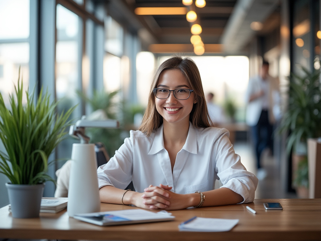 Mujer con gafas sonriendo en una oficina moderna, sentada en un escritorio con plantas y documentos.