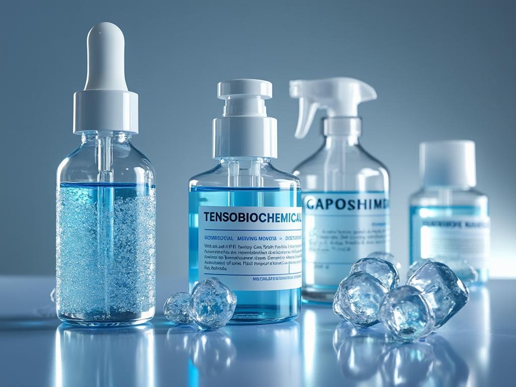 Botellas de vidrio con líquido azul y gotas de agua, reflejando un ambiente científico y limpio con hielo en primer plano.