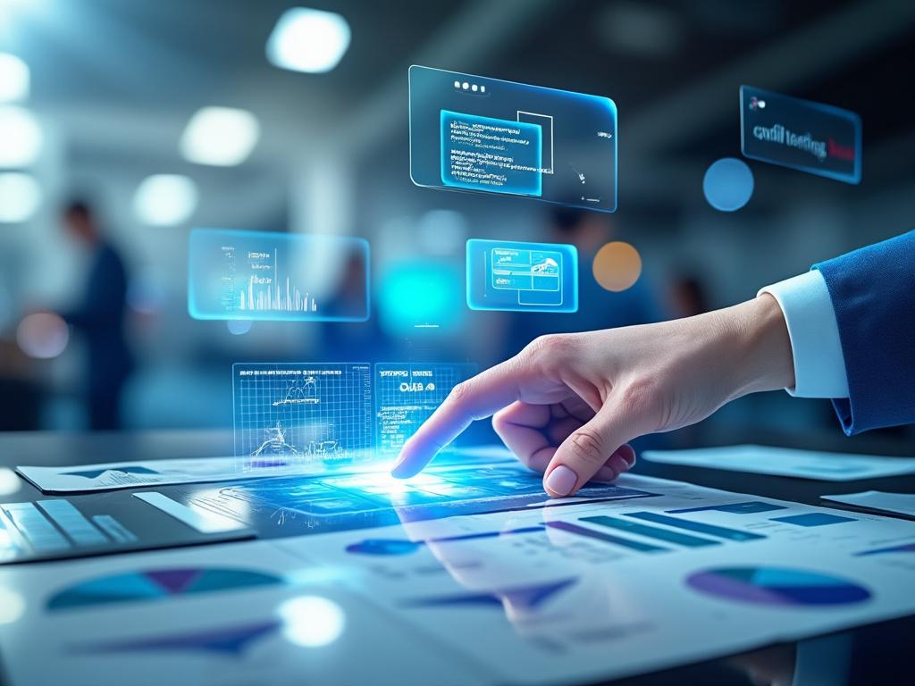 Mano tocando pantalla interactiva con gráficos digitales y datos financieros en oficina moderna.
