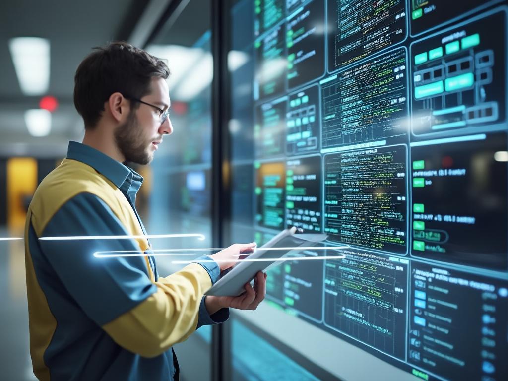 Hombre joven trabajando en una tablet frente a una pantalla con datos y código en un entorno tecnológico.