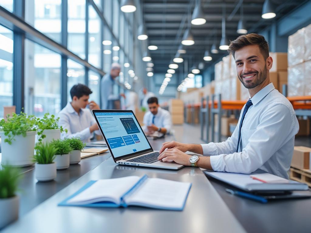 Hombre sonriendo en una oficina moderna con computadora portátil, plantas y documentos.