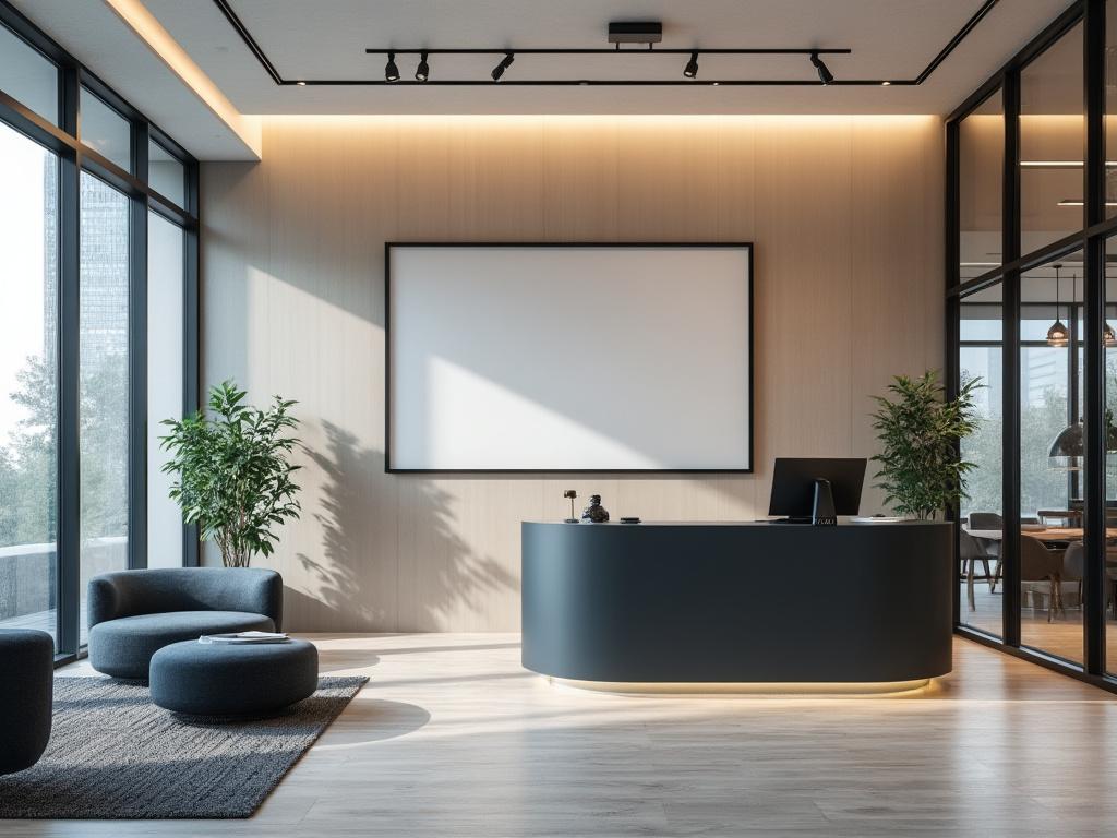 Recepción moderna de oficina con mostrador curvo, sillas circulares, plantas decorativas y gran ventanal.
