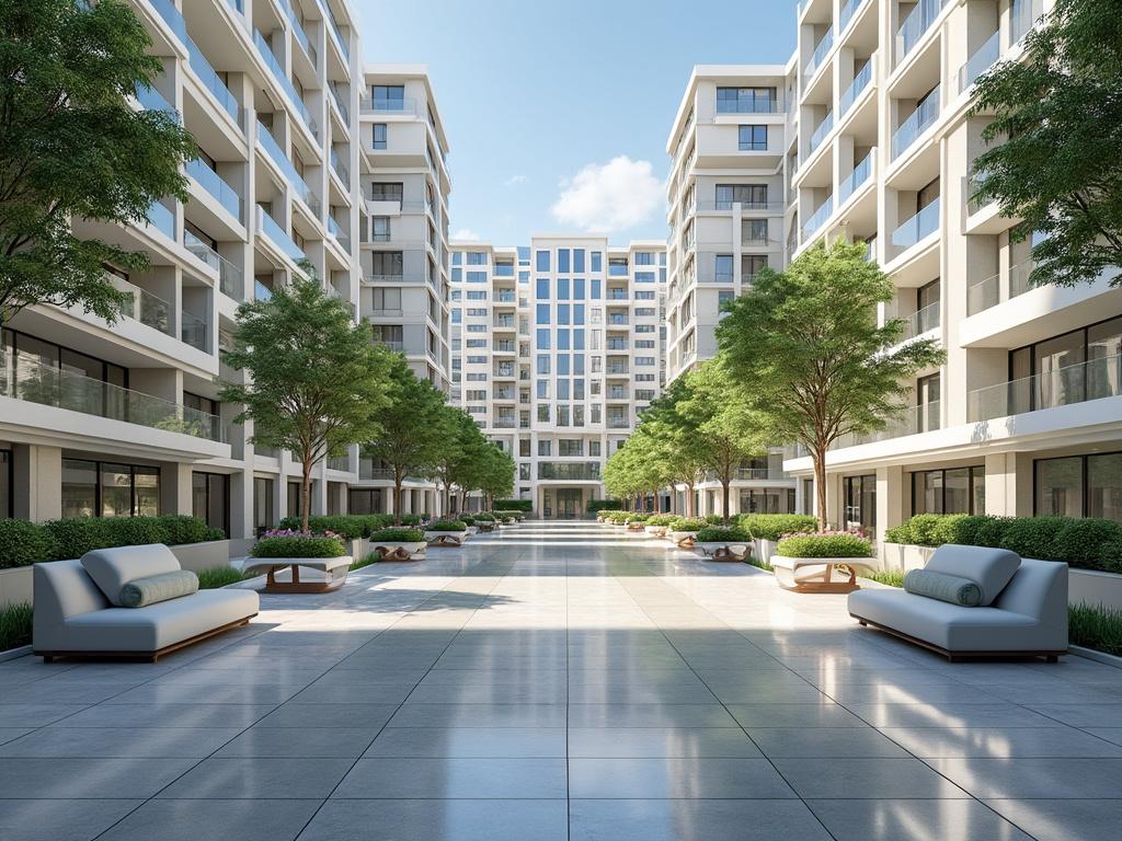 Complejo de apartamentos modernos con camino central, árboles y muebles de exterior.