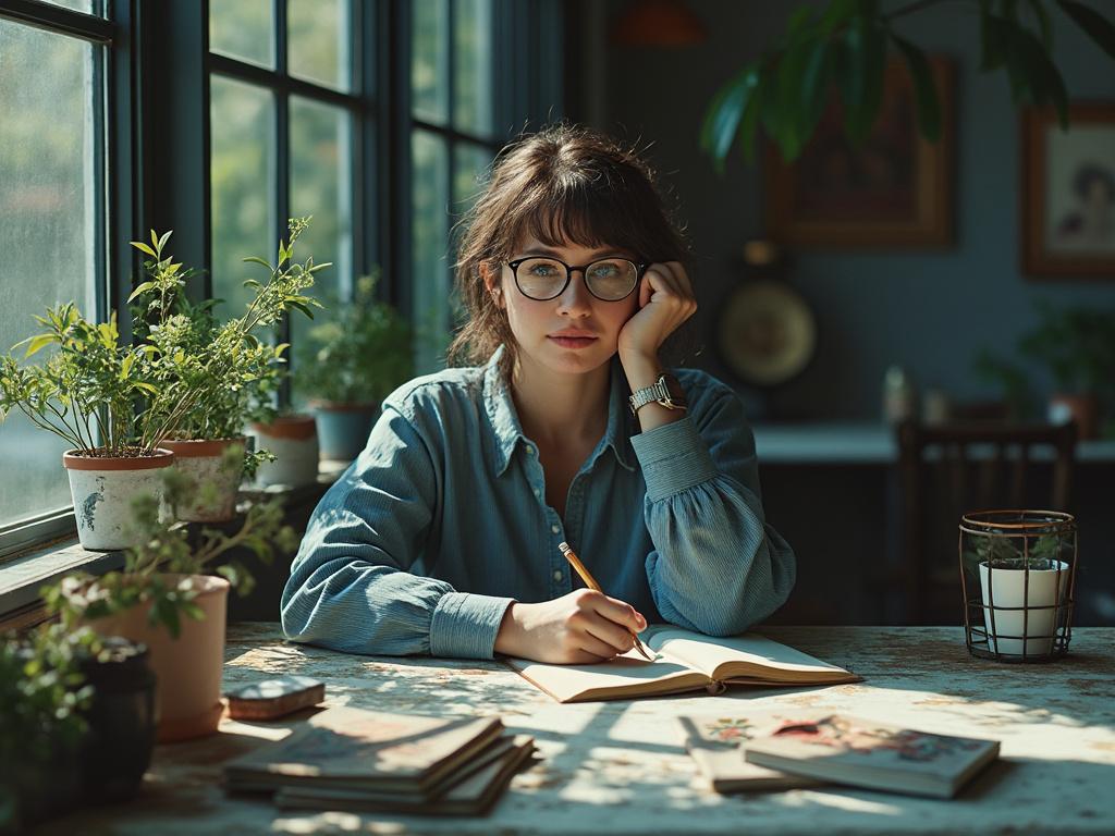 Woman wearing glasses writing in a notebook at a sunlit table next to potted plants.
