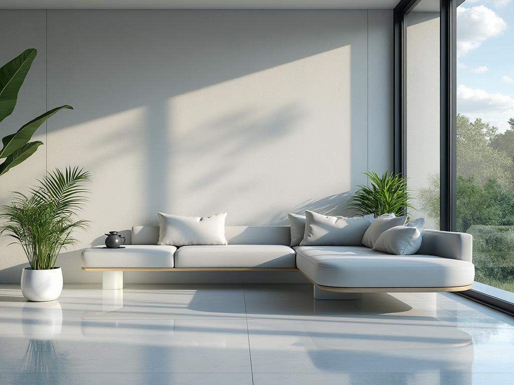 Modern living room with a gray sectional sofa, white throw pillows, potted plants, and large floor-to-ceiling windows with a view of greenery.